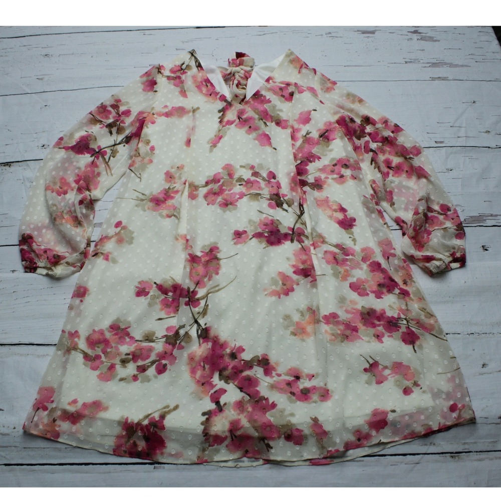 The Limited Pink Floral Swiss Dot Tie Back Chiffon Shift Dress Petite Large PL